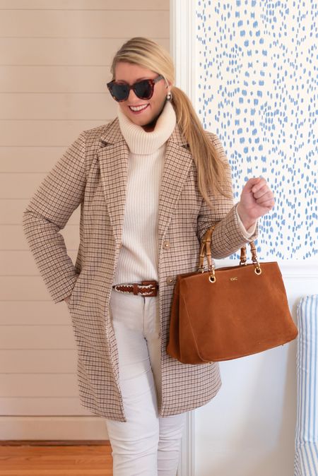 My weekend outfit with my favorite cashmere sweater of this winter. On sale now and linking this wool houndstooth topper coat, essential straight jeans, leather and bamboo handbag, similar belt, suede loafers, double pearl earrings, and tortoise sunglasses. 

#LTKover40 #LTKsalealert #LTKmidsize