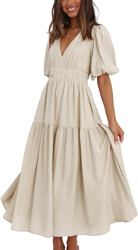 HOULENGS Women's Deep V Neck Puff Short Sleeve Tiered Dress Elastic High Waist Flowy A Line Midi ... | Amazon (US)