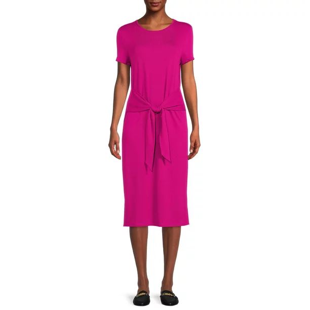 Time and Tru Women's Short Sleeve Tie Front Midi Dress - Walmart.com | Walmart (US)