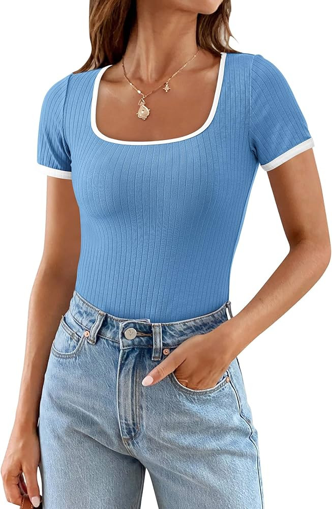 PRETTYGARDEN Womens Summer Short Sleeve T Shirts Ribbed Knit Square Neck Color Block Slim Fitted ... | Amazon (US)
