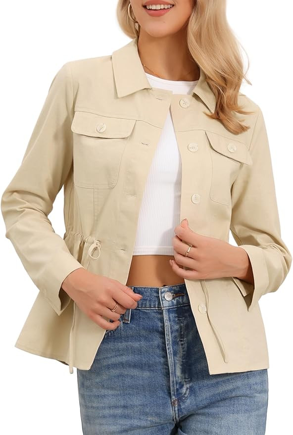 Amazon.com: Allegra K Linen Jacket for Women Button Down Drawstring Waist Lightweight Spring Util... | Amazon (US)