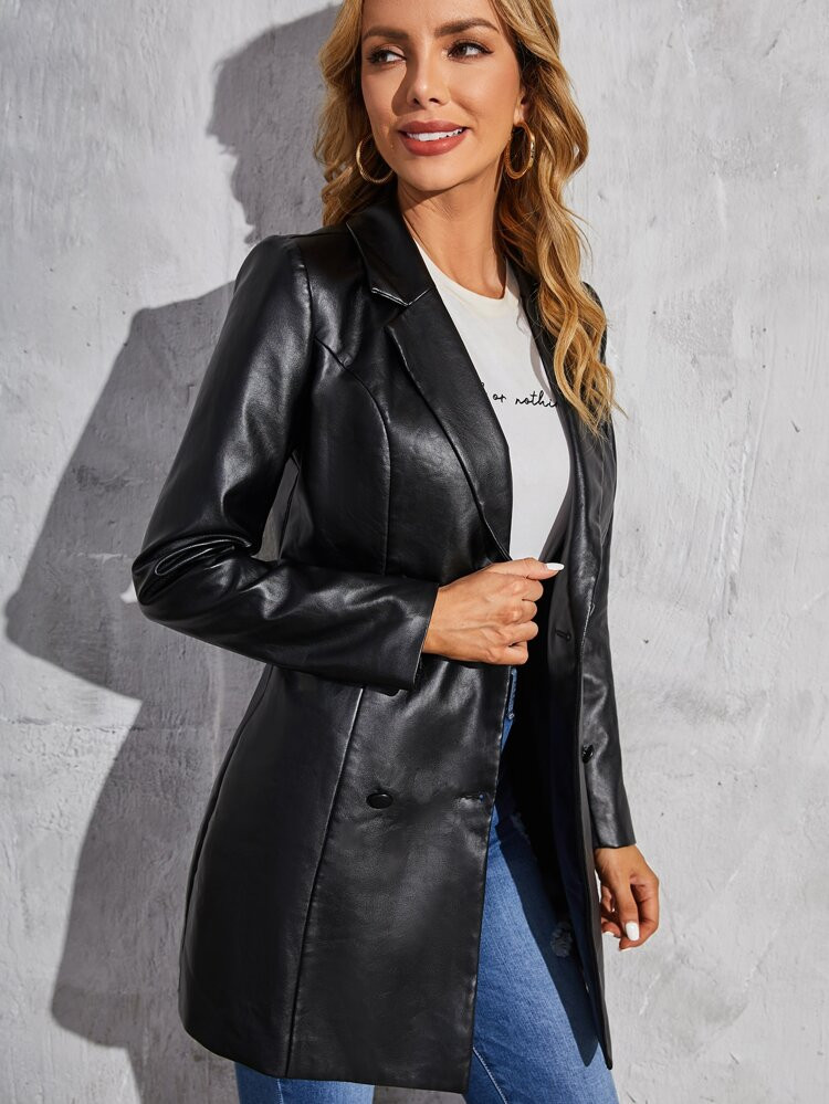 SHEIN Double Breasted PU Leather Blazer | SHEIN