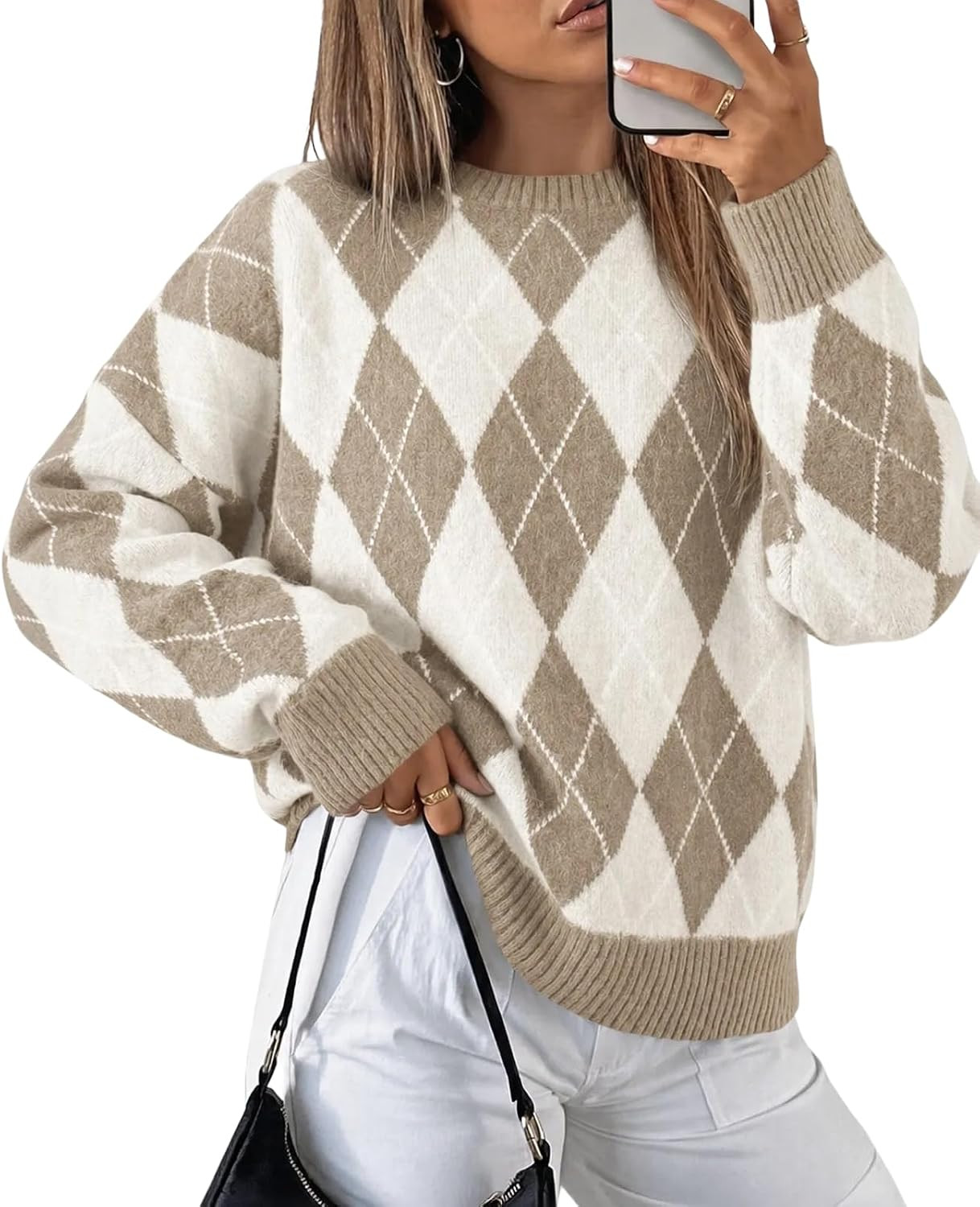 Tankaneo Womens Oversized Sweaters Long Sleeve Argyle Plaid Trendy Casual Fall Lightweight Knit Pullover Tops | Amazon (US)