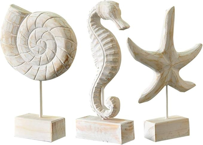 Amazon.com: Exttlliy 3pcs Wood Handmade Beach Nautical Style Figurines Starfish/Conch/Seahorse St... | Amazon (US)