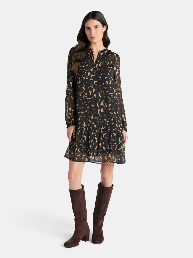 Time and Tru Women's Pintuck Yoke Dress with Long Sleeves, Sizes XS-XXXL - Walmart.com | Walmart (US)