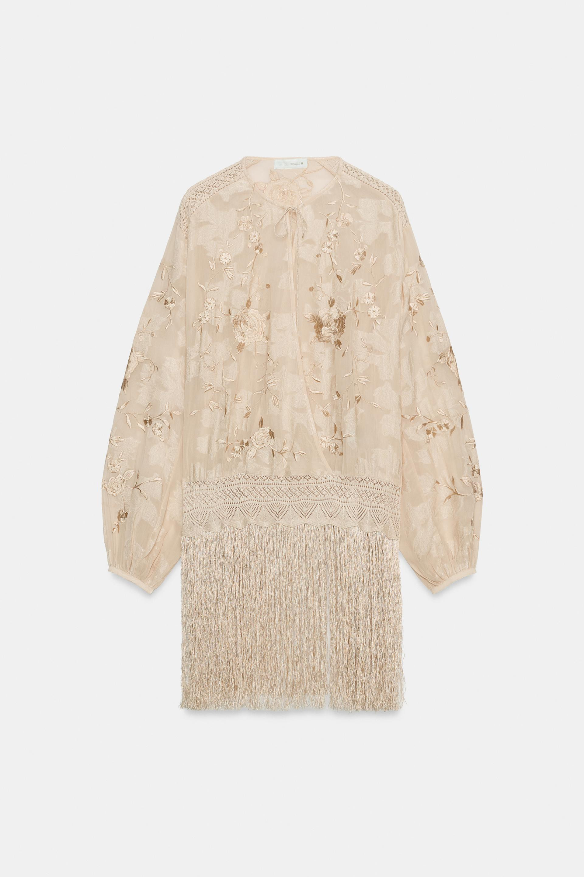 Zara - Zw Collection Embroidered Fringe Blouse - Ecru / Beige - L - Woman | Zara US
