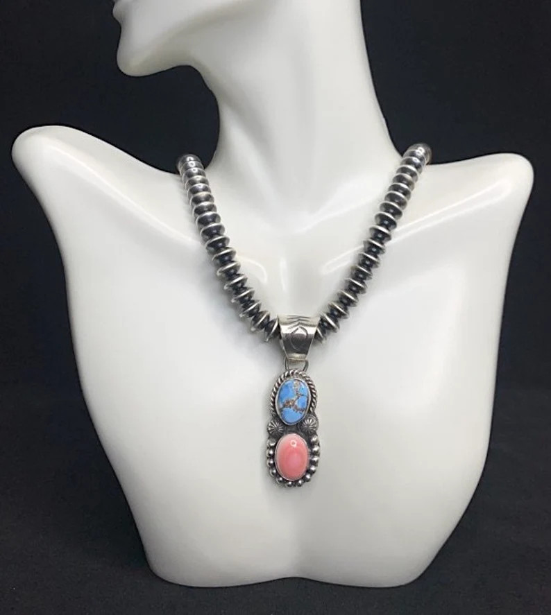 Golden Hill Turquoise, Pink Conch Pendant/ Necklace. Navajo Handmade,  925 Sterling Silver, Chain... | Etsy (US)