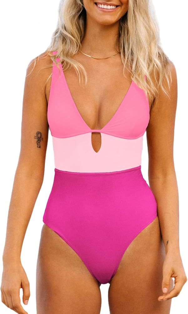 CUPSHE Women's One Piece Swimsuit Color Block Keyhole Cutout Bathing Suit | Amazon (US)