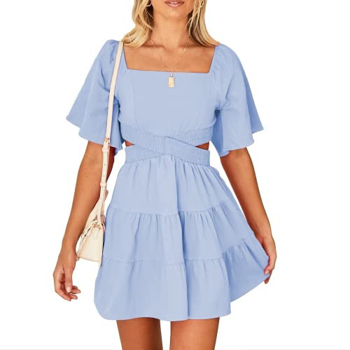 Shy Velvet Women's Summer Dress Square Neck Short Sleeves Crossover Waist Casual Party Mini Dress Blue | Amazon (US)