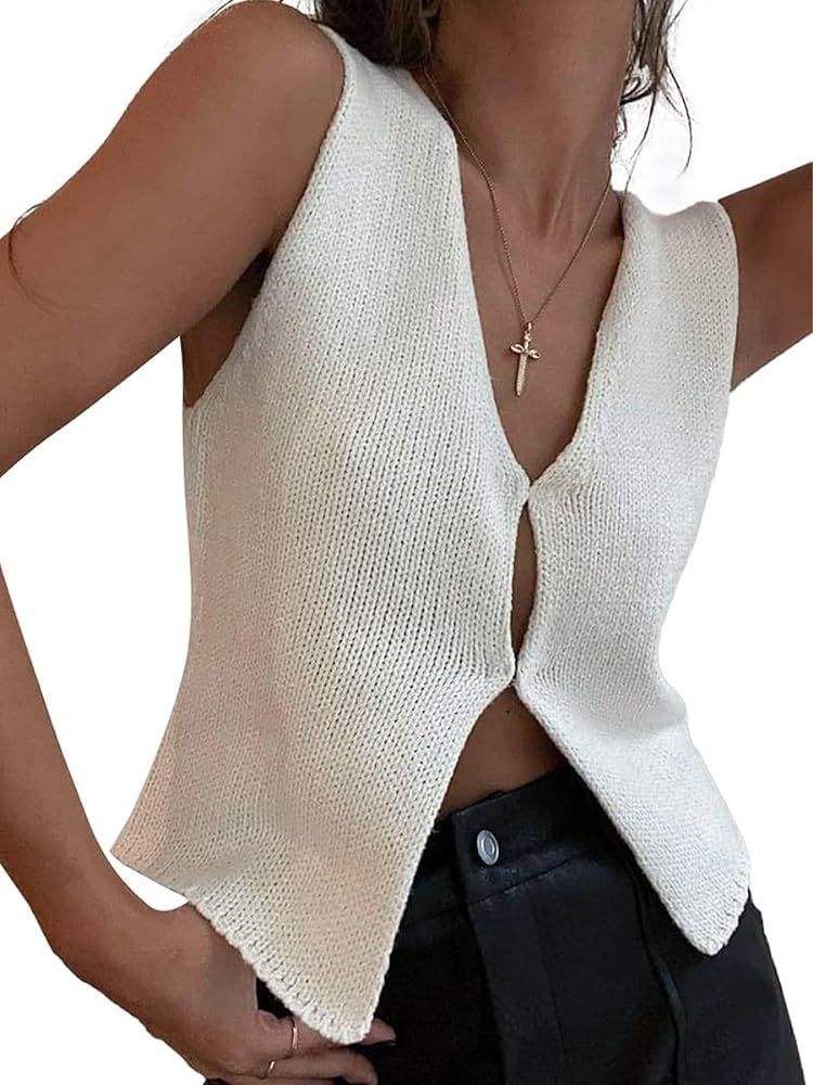 Women Y2k Crochet Vest Top Vintage Solid Color V Neck Sleeveless Button Down Crop Tops Streetwear | Amazon (US)