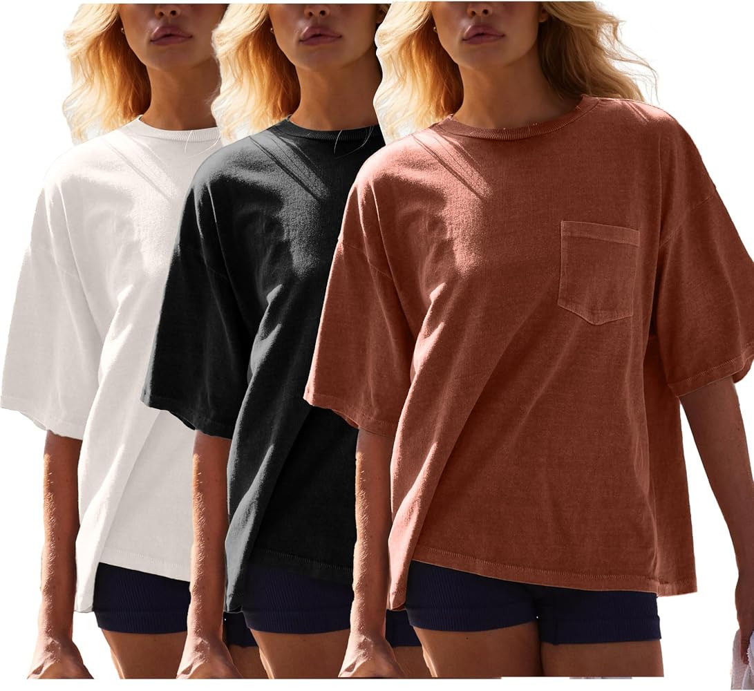 3 Pack Womens Oversized Workout Tops Vintage Short Sleeve Shirts Wash Solid Basic Tee Athletic To... | Amazon (US)