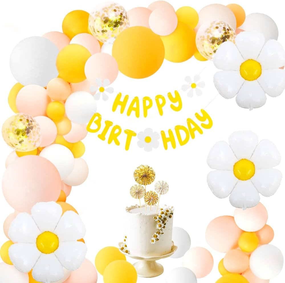 Daisy Party Decorations, Two Groovy Party Supplies with Happy Birthday Flower Banner White and Ye... | Amazon (US)