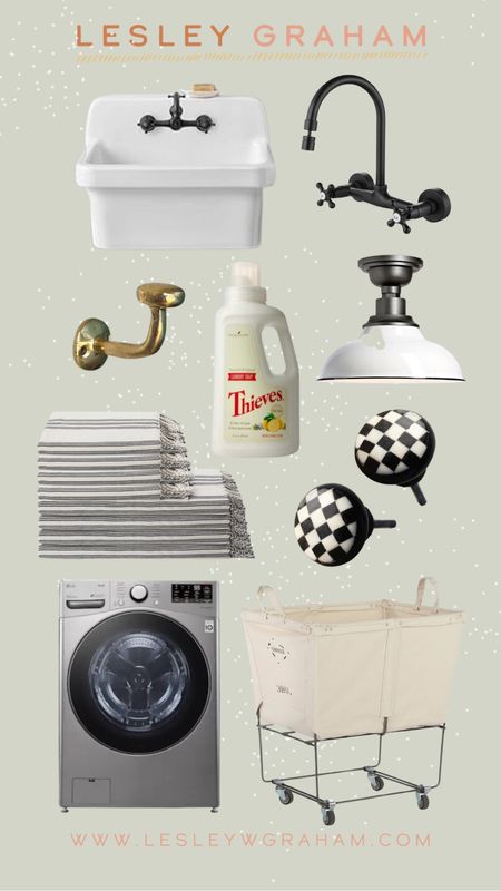 Our Laundry Room. The best washing machine and drier. Farmhouse sink. Industrial flush mount. Checkered knobs. Turkish towels. Brass hooks. Favorite laundry hamper. Thieves laundry detergent. 

#LTKfamily #LTKhome