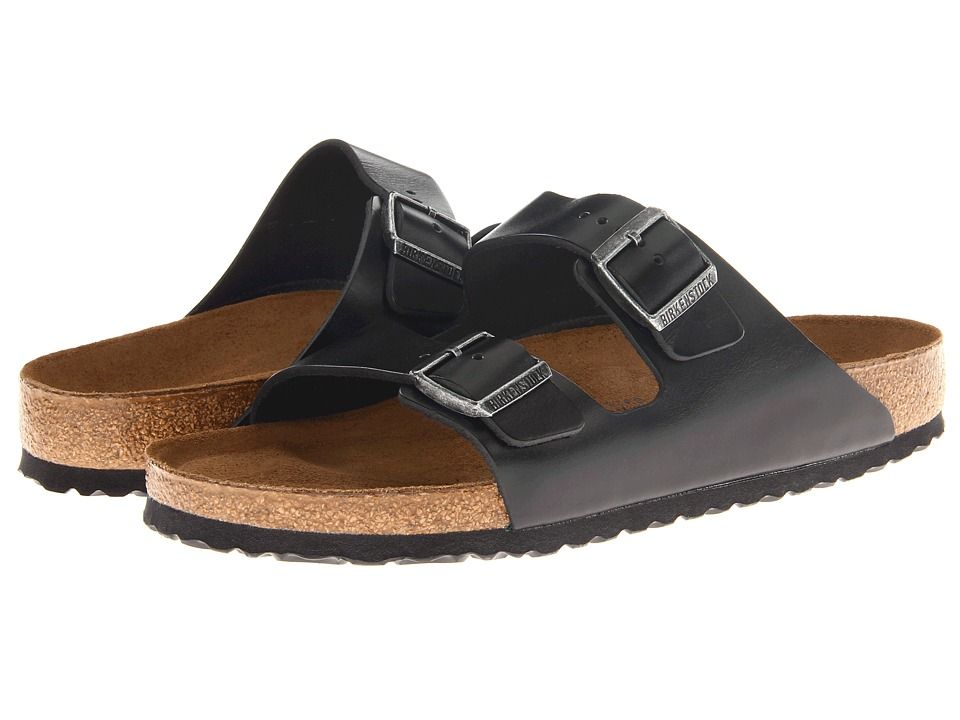 Birkenstock - Arizona Soft Footbed - Leather (Unisex) (Black Amalfi Leather) Sandals | Zappos