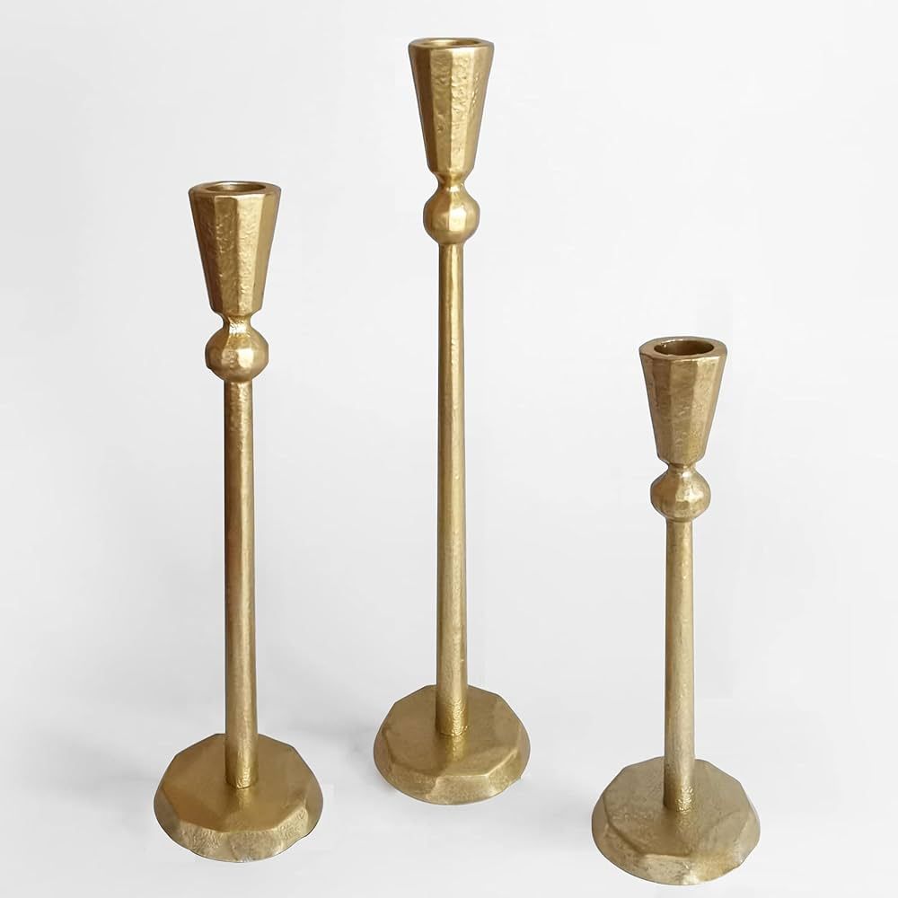 Iron Gold Taper Candle Holder - Set of 3 Decorative Gold Candlesticks - Brass Candlestick Holder ... | Amazon (US)