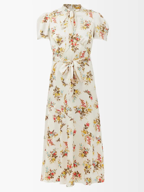 Erdem - Elmer Belted Floral-print Satin Midi Dress - Womens - Ivory | Matches (UK)