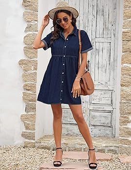 GRAPENT Denim Dress for Women Babydoll Tiered Short Sleeve Button Down Jean Shirt Dresses | Amazon (US)