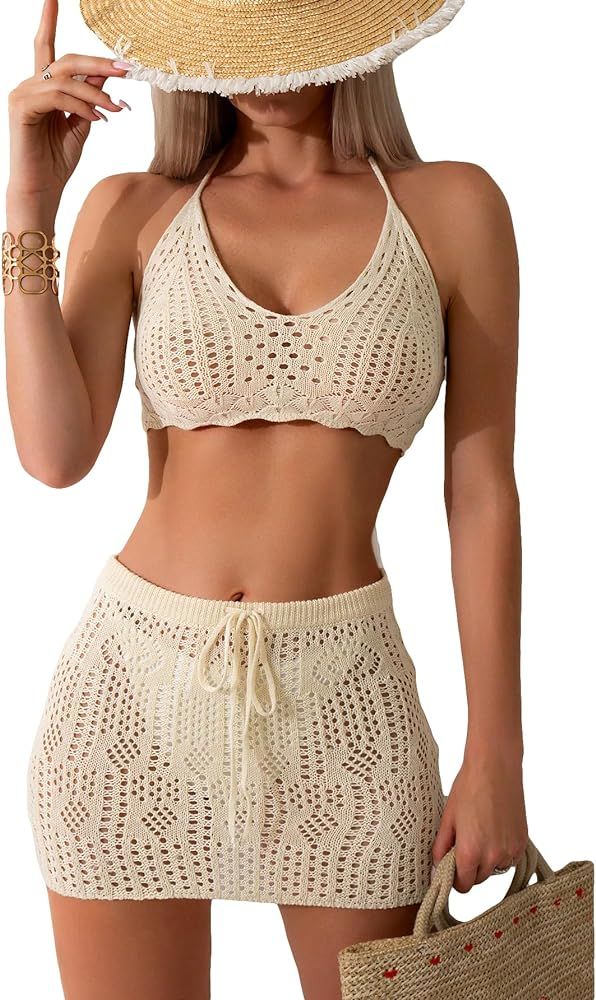 Verdusa Women's Hollow Out Crochet Halter Top and Skirt Cover Up Sets Apricot S at Amazon Women... | Amazon (US)