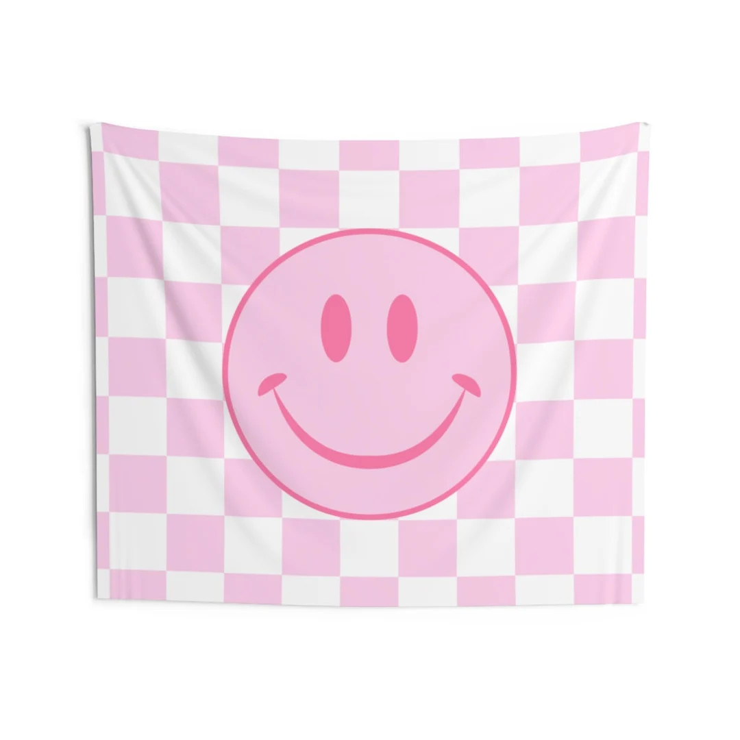 Checkered Smiley Face Tapestry for Bedroom Teen Girl  Pink - Etsy | Etsy (US)