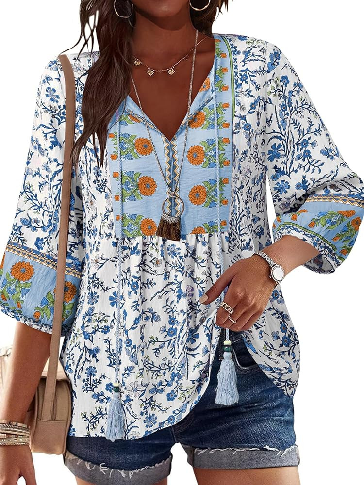 Poetsky Women's Casual 3/4 Sleeve Babydoll Tunic Tops Boho Floral Print V Neck Tie Front Summer F... | Amazon (US)