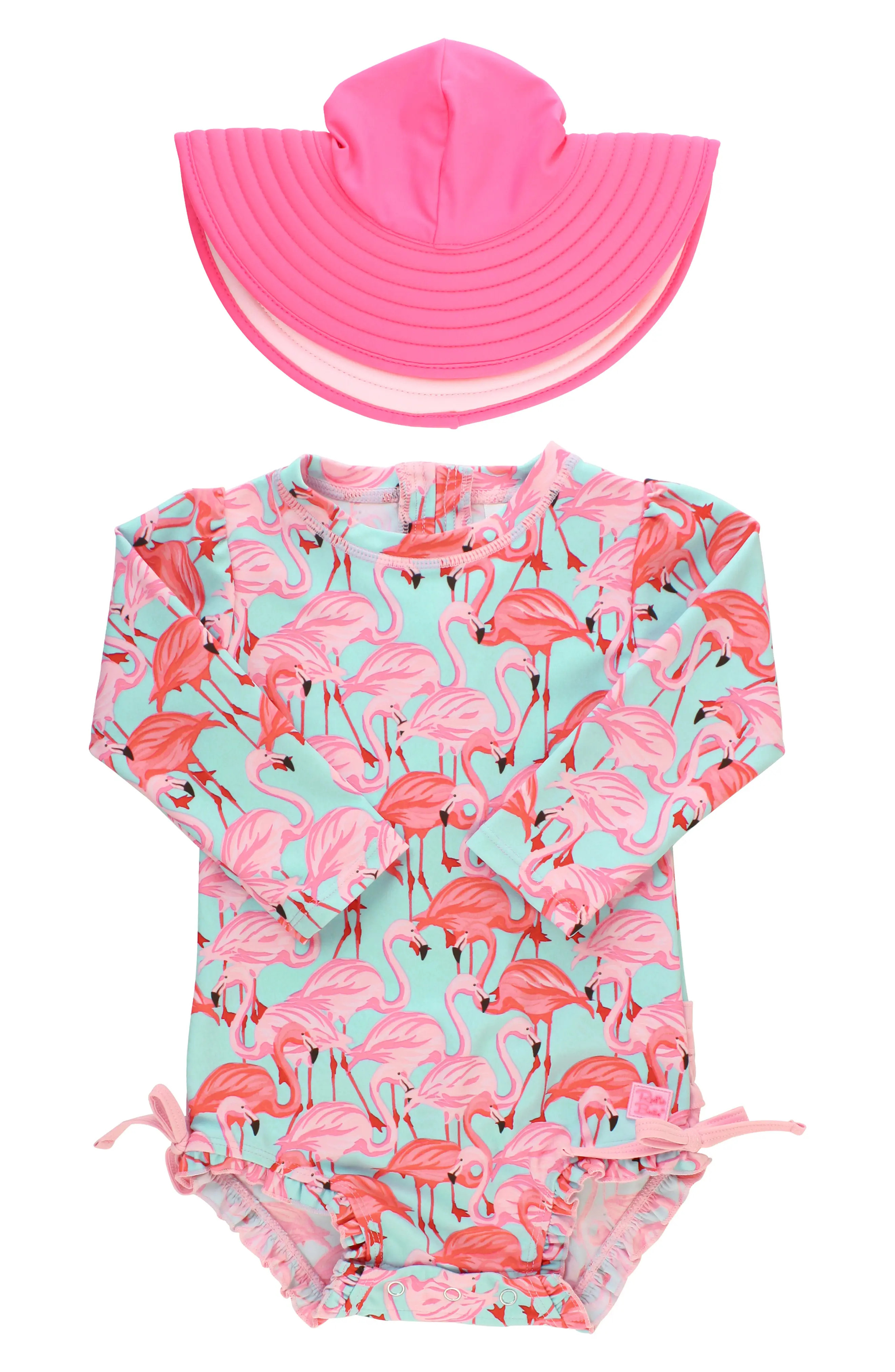 Infant Girl's Rufflebutts Flamingo One-Piece Rashghuard Swimsuit & Hat Swim Set, Size 3-6M - Blue | Nordstrom