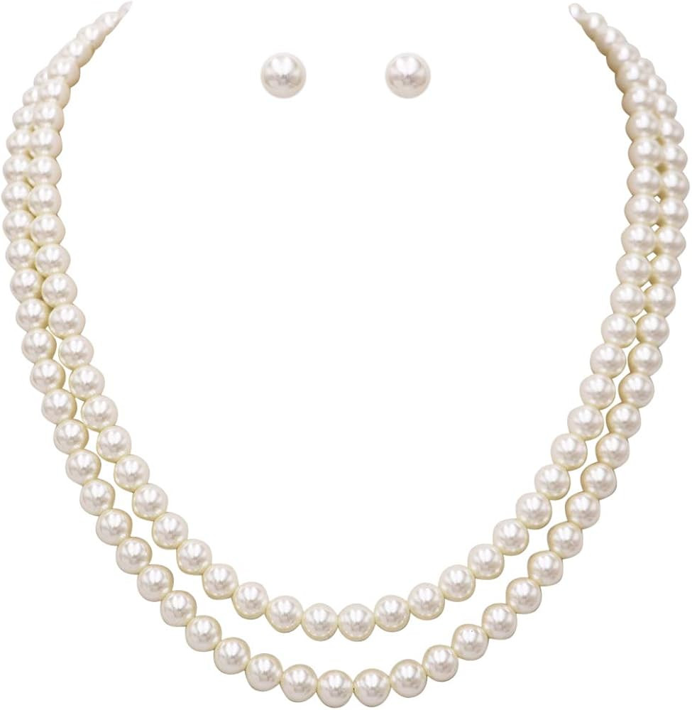 Rosemarie Collections Women's Double Strand Classic Simulated Pearl Necklace And Earring Jewelry ... | Amazon (US)