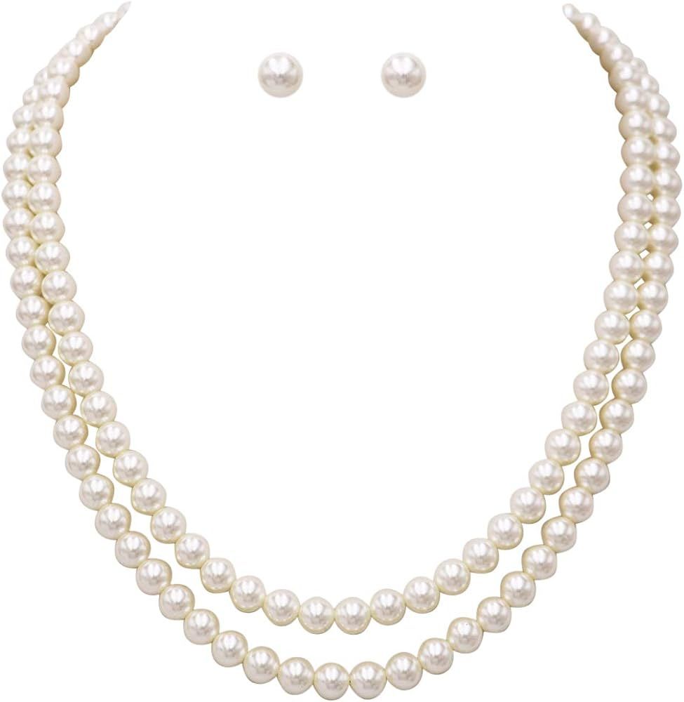 Rosemarie Collections Women's Double Strand Classic Simulated Pearl Necklace and Earring Jewelry ... | Amazon (US)