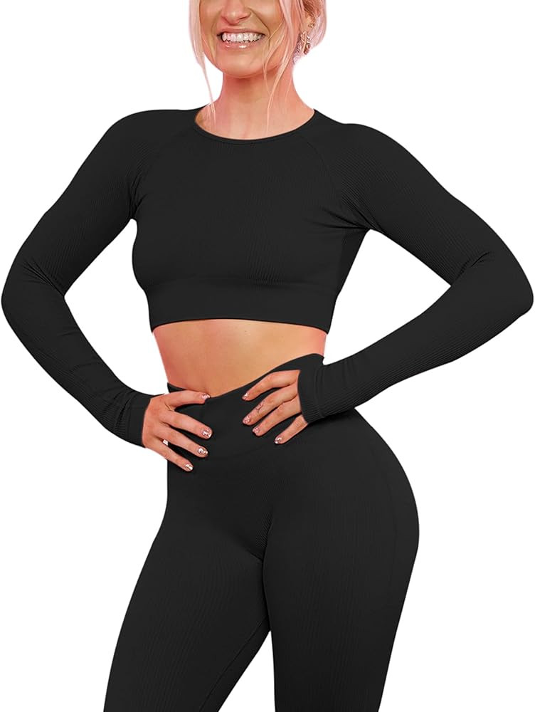Amazon.com: VALANDY Women's Long Sleeve Crop Tops Ribbed Workout Shirts Fitted Crewneck Seamless ... | Amazon (US)