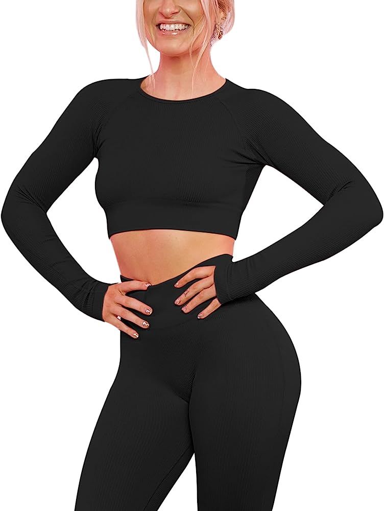 Amazon.com: VALANDY Women's Long Sleeve Crop Tops Ribbed Workout Shirts Fitted Crewneck Seamless ... | Amazon (US)