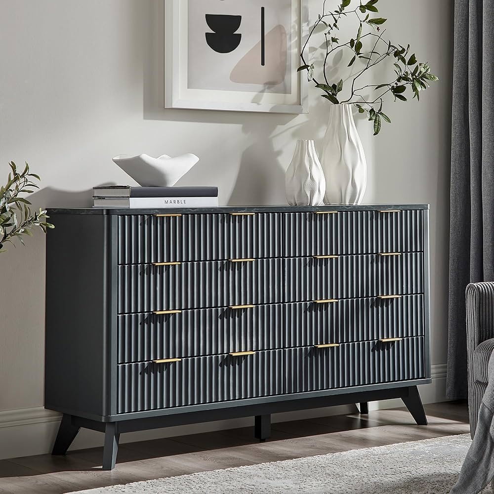T4TREAM Fluted 8 Drawers Dresser, 54" Wide Modern Chest of Drawers with Faux Marble Top, Curved P... | Amazon (US)