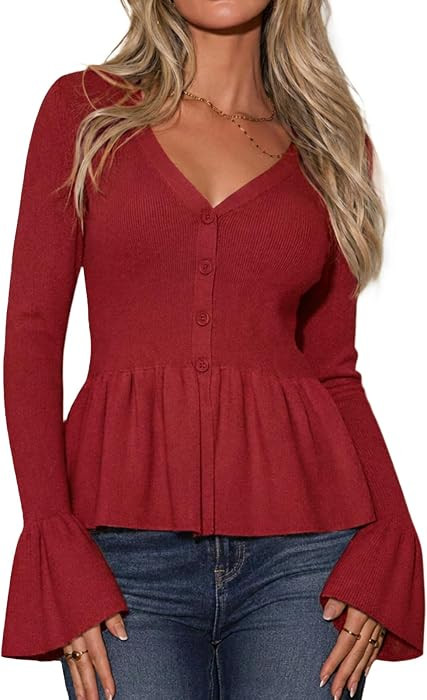 Flowyair Womens Bell Long Sleeve Cardigan Peplum V Neck Button Up Sweaters | Amazon (US)