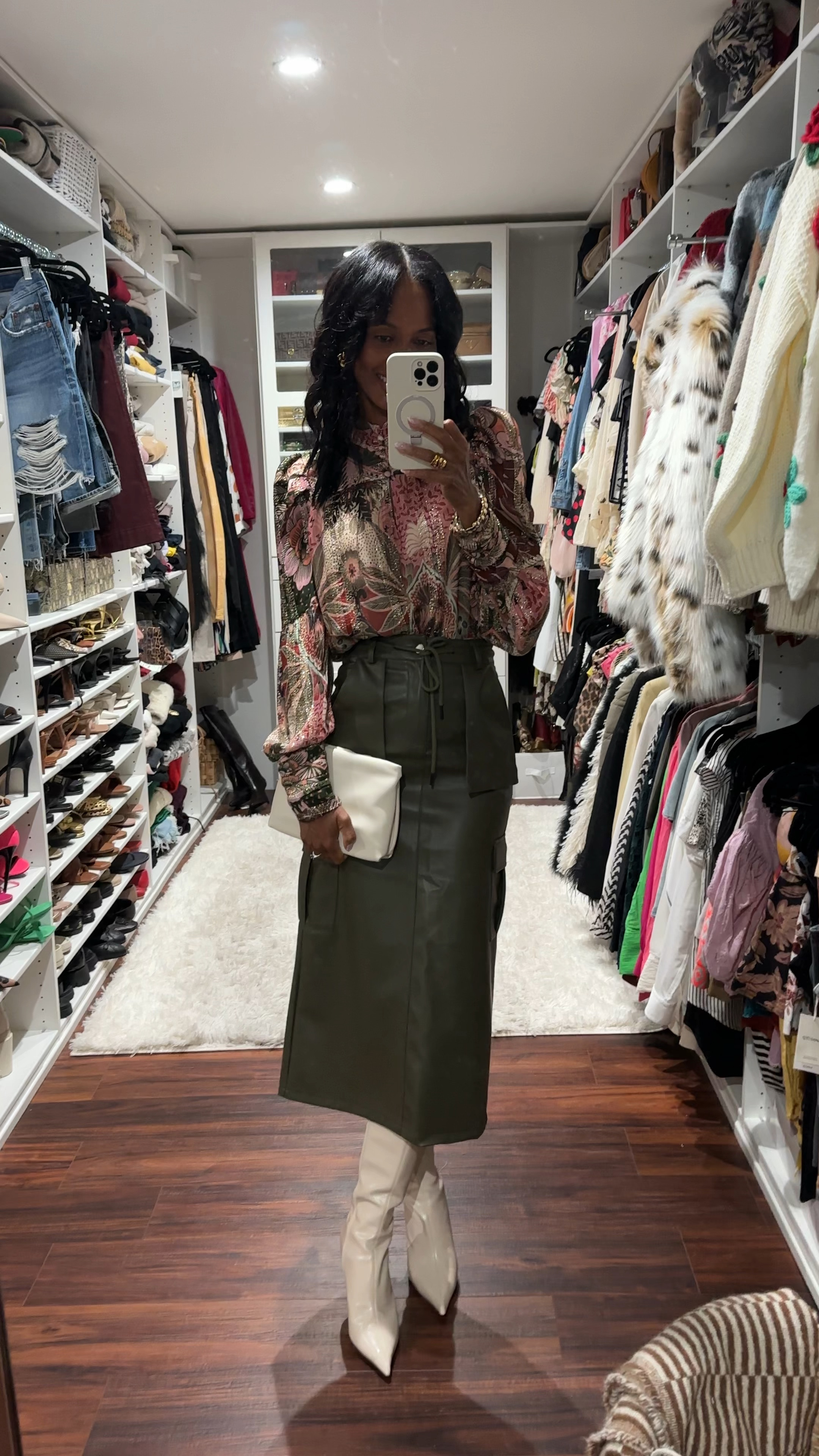 Long sleeve metallic printed blouse. Olive Faux leather midi cargo skirt. Off white knee high boots. Off white clutch. Work outfit inspo. Date night outfit inspo  

#LTKStyleTip #LTKOver40 #LTKWorkwear