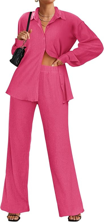 Ekouaer Lounge Set for Women Button Down 2 Pieces Outfits Long Sleeve Pajamas Loungewear with Pocket | Amazon (US)