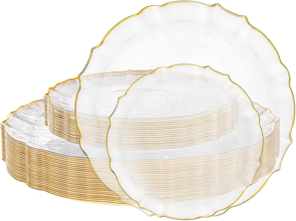 bUCLA 40PCS Clear and Gold Plastic Plates - Fancy Lace-Edge Clear Plates with Gold Trim Hammered ... | Amazon (US)