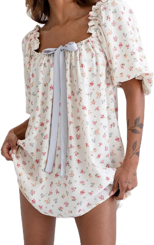 KMBANGI Women Cute Babydoll Dress Short Puff Sleeve Bow Tie Fairy Mini Dress Ruffle Boho Floral S... | Amazon (US)