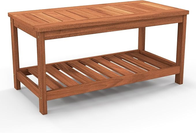 Tangkula Wood Outdoor Coffee Table, 2-Tier Patio Coffee Table with Slatted Hardwood Tabletop & St... | Amazon (US)