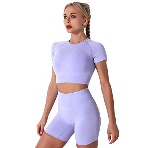 Workout Sets for Women 2 Piece Seamless Short Sleeve Crop Tops High Waist Biker Shorts Gym Sets Light Purple Medium | Amazon (US)