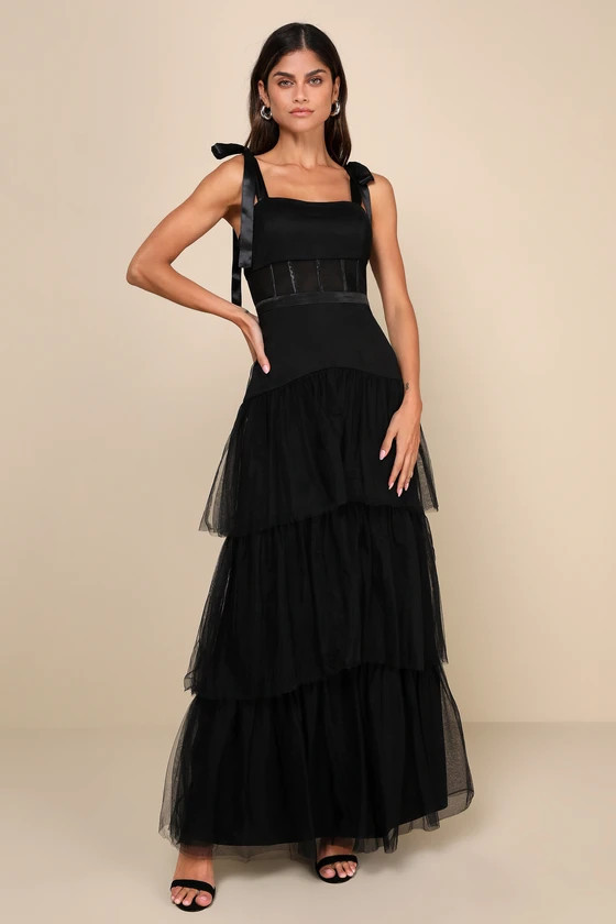 Enticing Mystique Black Tulle Tie-Strap Tiered Maxi Dress | Lulus