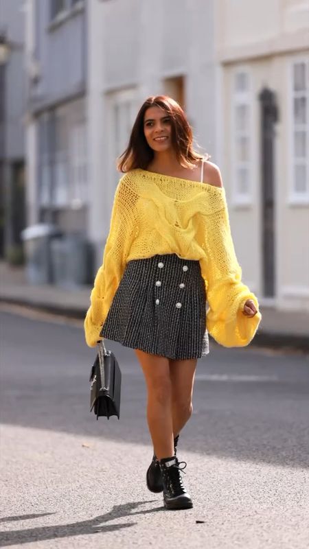 Yellow Sweater Check Tweed Black Mini Skirt Black Laceup Chelsea Boots SUNSET YSL Black Medium Leather Bag Autumn looks Simple Autumnal Outfits Fall Outfits Petite Style

#LTKover40 #LTKSeasonal #LTKstyletip