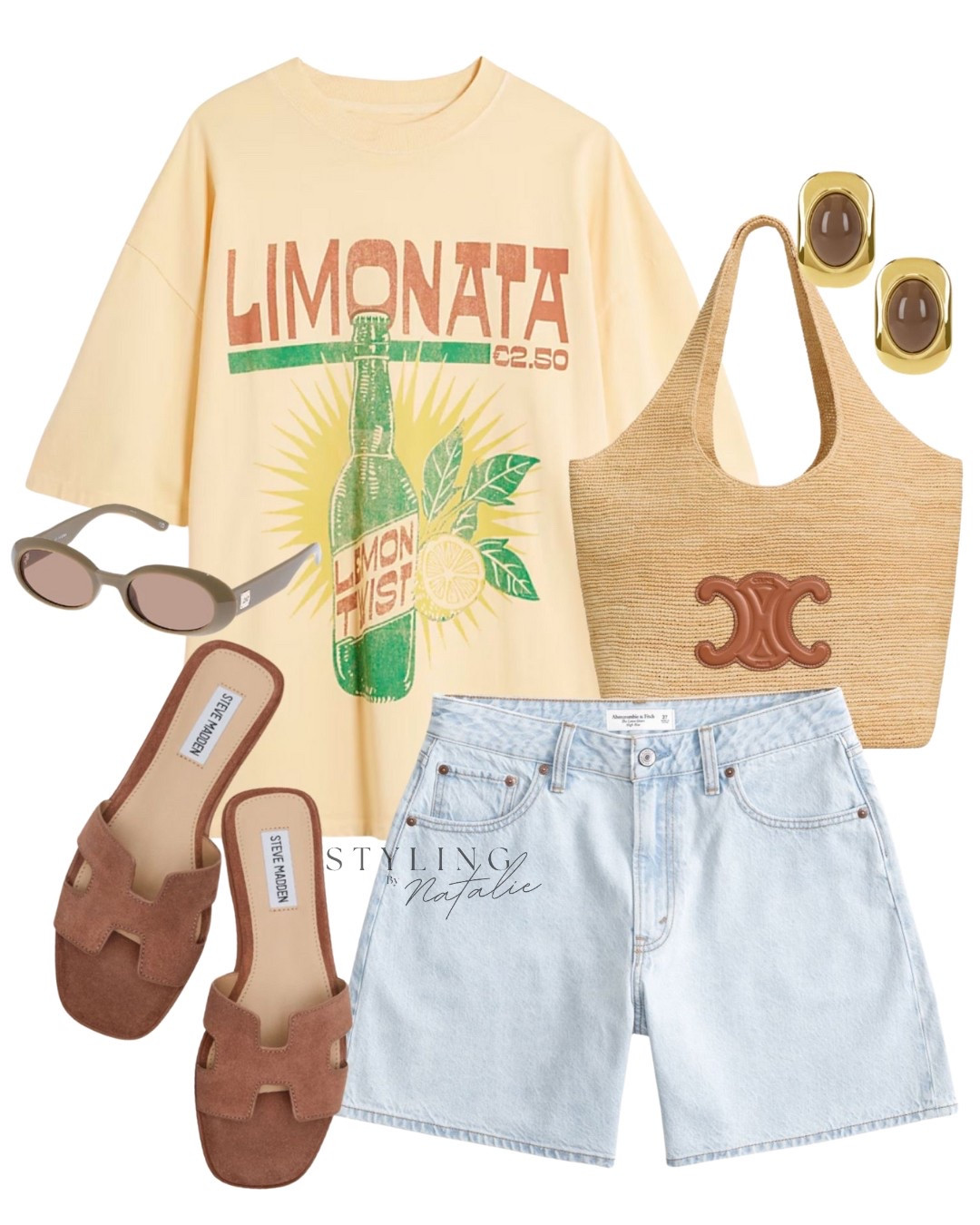 Summer casual outfit, graphic T-shirt, high rise loose denim shorts, suede slides, brown accessories, Celine panier tote bag, summer outfit, vacation outfit, city break style, western style, festival fashion, sandals, graphic tee, jean shorts.

#LTKsummer #LTKeurope #LTKfestival