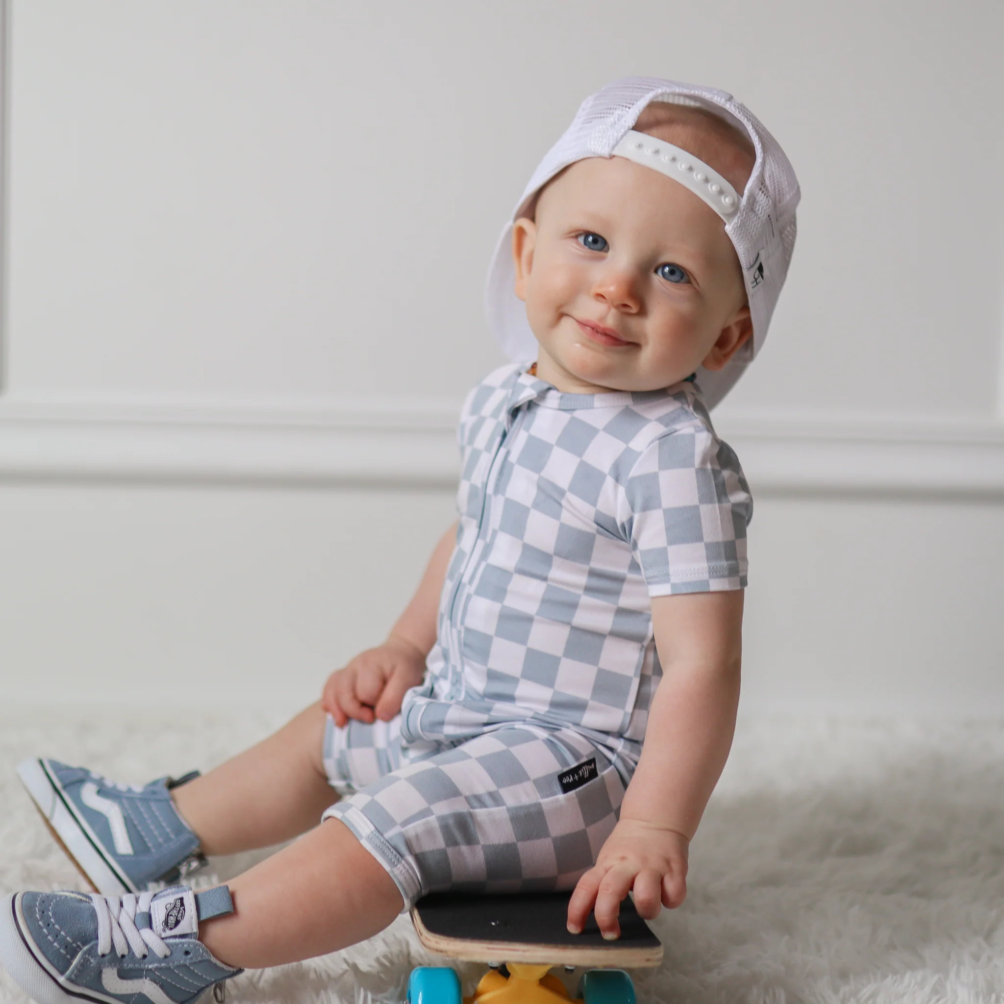 SHORTIE ZIP ROMPER - Stone Check | millie + roo