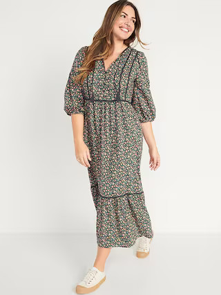 Tie-Neck 3/4-Sleeve All-Day Maxi Swing Dress for Women | Old Navy (US)