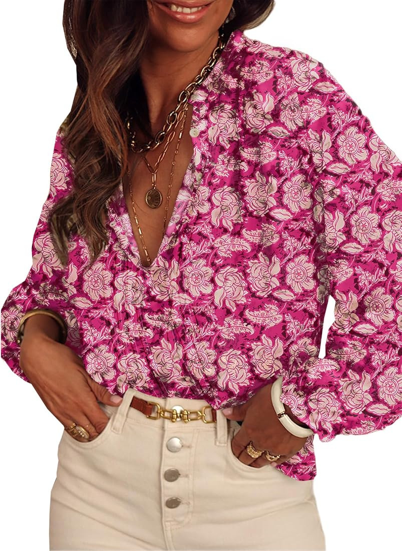 SHEWIN Women's Tops Casual V Neck Long Sleeve Shirts Floral Boho Blouses Tunics | Amazon (US)