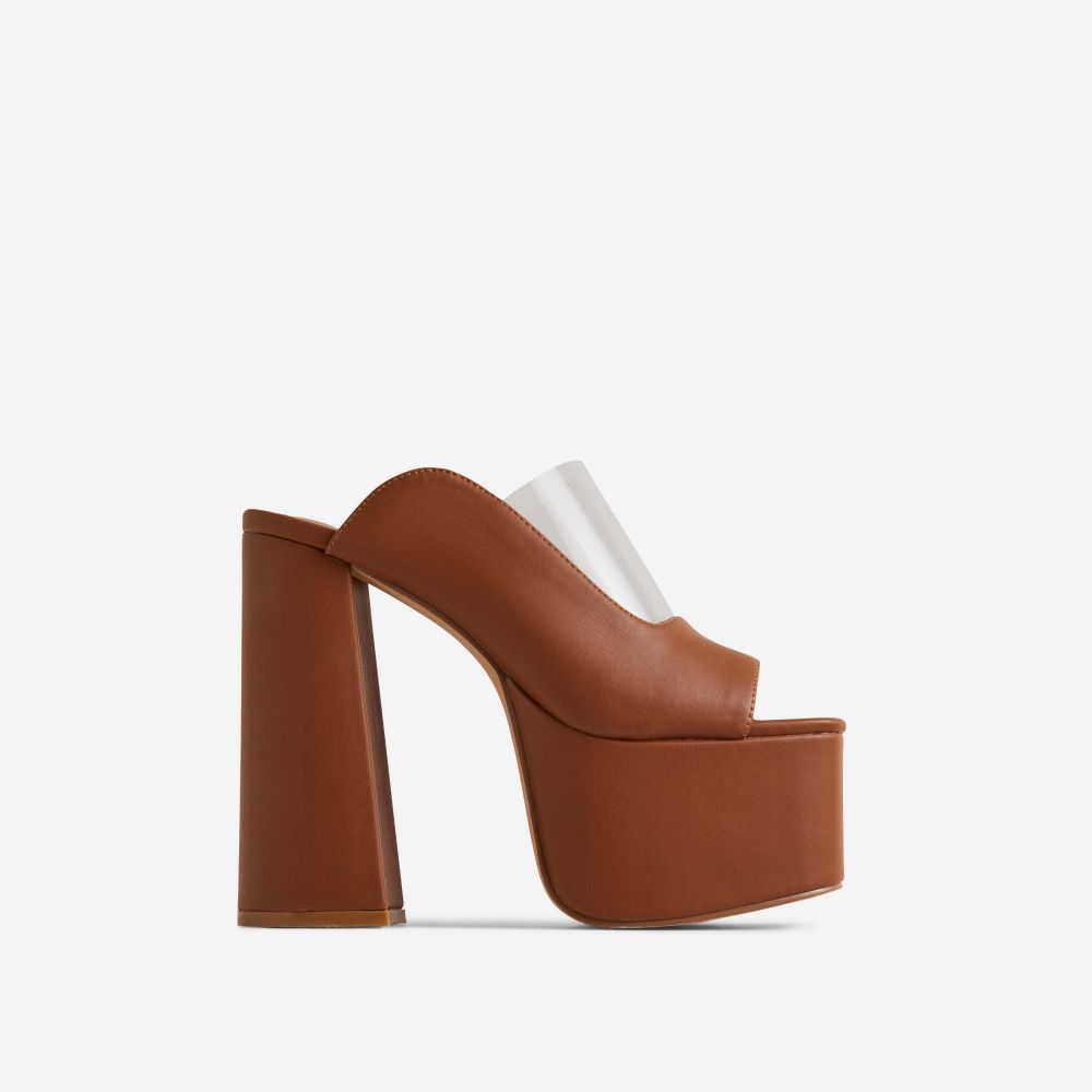 Destination Clear Perspex Square Peep Toe Platform Heel Mule In Tan Brown Faux Leather | EGO Shoes (US & Canada)