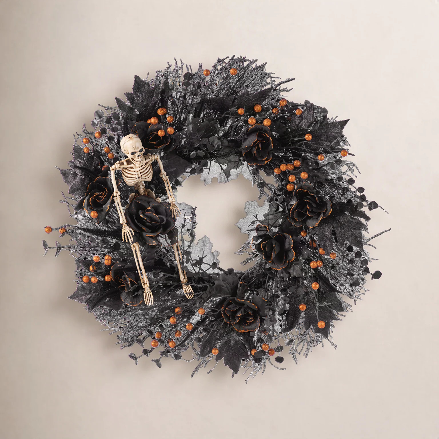 24"D Halloween  Black Rose, Skeleton And Berry Wreath Includes A Complimentary Black Metal Wreath Hanger | Birch Lane