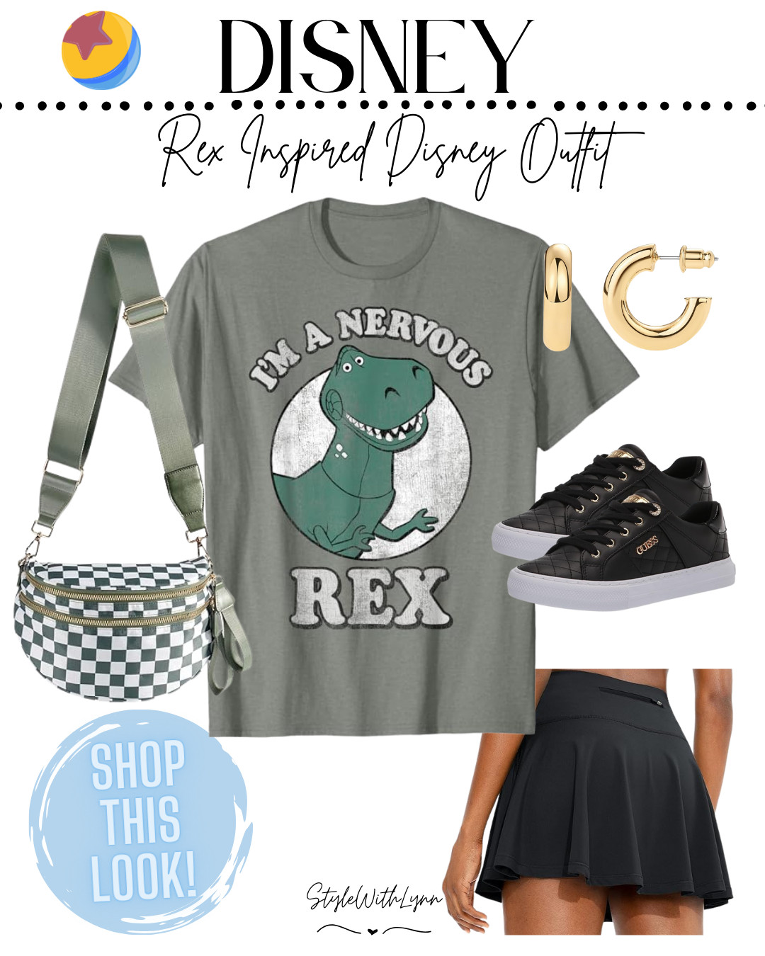 Channeling my inner Rex 🦖 with this playful ‘Toy Story’ inspired look! The comfy t-shirt and skort combo gives off those laid-back vibes, while the olive checkered bum bag adds a subtle nod to Rex's color. Guess sneakers keep it casual chic, and the gold earrings bring just the right sparkle to finish off the outfit. Who says dinos can't do fashion?

#OOTD #ToyStoryStyle #DisneyInspired #RexInspired #CasualChic #StreetStyleInspo #WeekendFashion #GuessSneakers #StyleYourWay #LTKOutfit #LTKFashion #PopCultureStyle #QuirkyStyle #FashionBlogger #StyleInspo 

 

#LTKStyleTip #LTKTravel