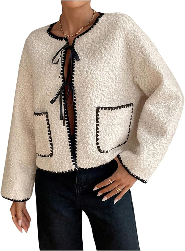 Verdusa Women's Bow Tie Teddy Coat Faux Fur Long Sleeve Jacket Outerwear with Pockets | Amazon (US)