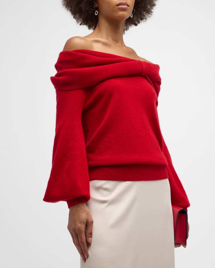 Neiman Marcus Cashmere Collection Cashmere Off-Shoulder Sweater with Knotted Detail | Neiman Marcus