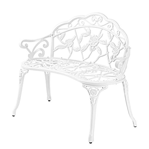 VINGLI 38.5" Patio Park Garden Outdoor Metal Rose Bench, 2-Person Cast Iron Cast Aluminium Frame Antique Finish Chair,Accented Lawn Front Porch Path Yard Decor Deck Furniture (White, Rose) | Amazon (US)
