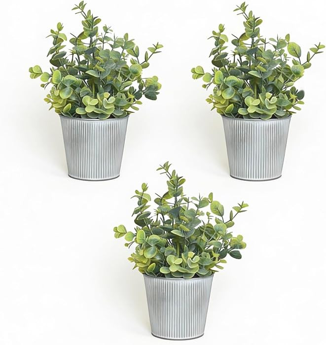 3-Pack Artificial Eucalyptus Plants in White Ribbed Galvanized Metal Pots, Small Fake Greenery Po... | Amazon (US)